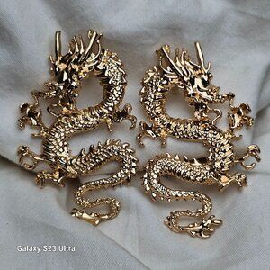 Gold Tone Dragon Earrings Pierced New 4"